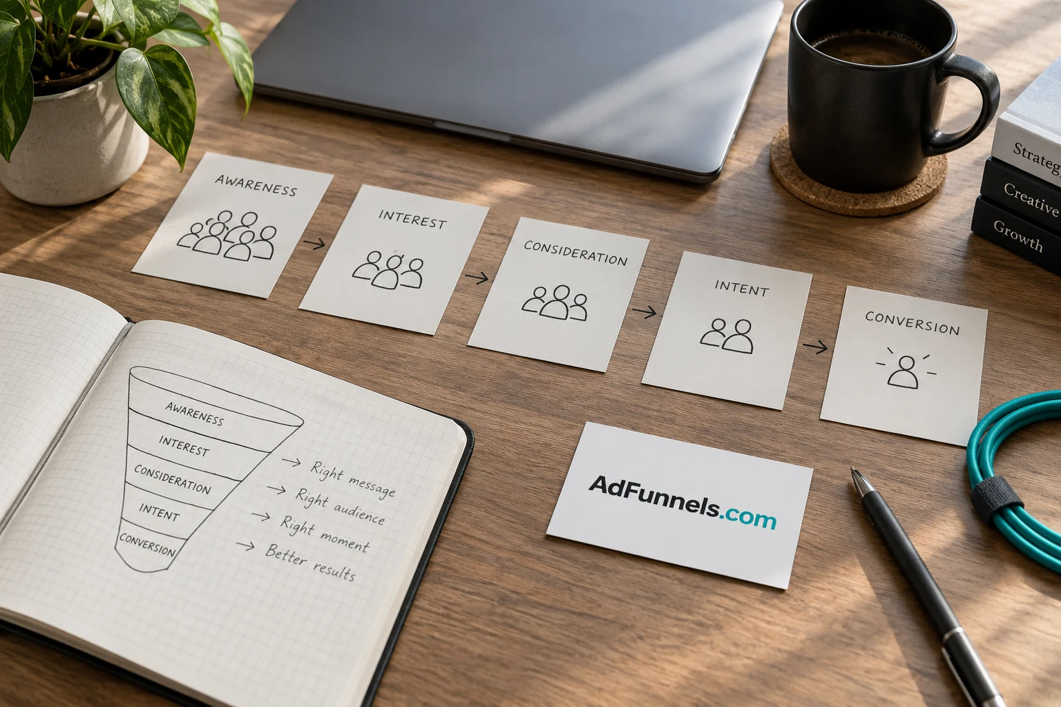 Advertising funnel stage cards, a notebook, and AdFunnels.com stationery on a growth desk